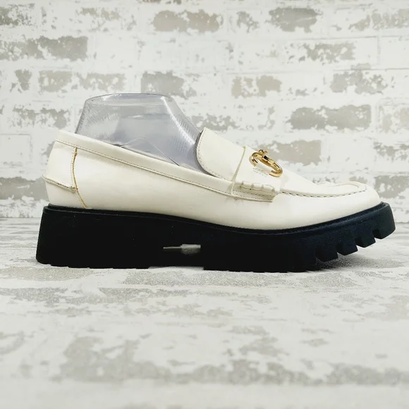 NEW Nordstrom Open Edit White Faux Patent Gold Chunky Academia Loafers C433 - Picture 5 of 14